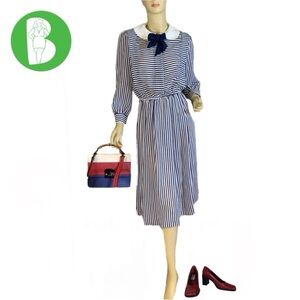 REO ORIGINALS VINTAGE 1980'S BLUE & WHITE STRIPED SHEATH DRESS W/TIE (8)